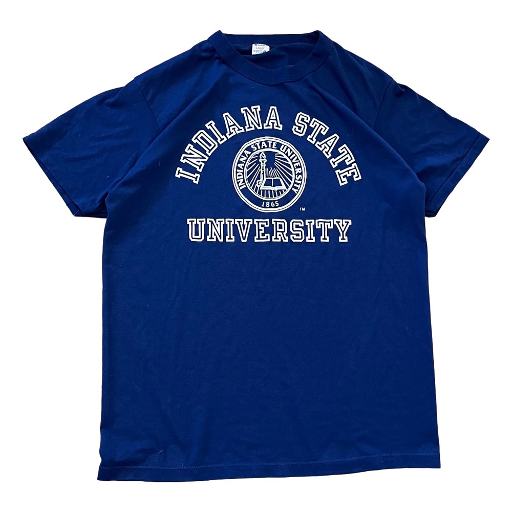 VTG 80s Indiana State University Champion T-Shirt Large Blue USA Single Stitched